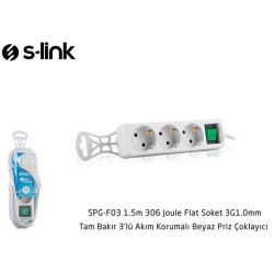 S-link SPG-F03 1.5m 306 Joule Flat Soket 3G1.0mm Tam Bakır 3 lü Akım Korumalı Priz Çoklayıcı